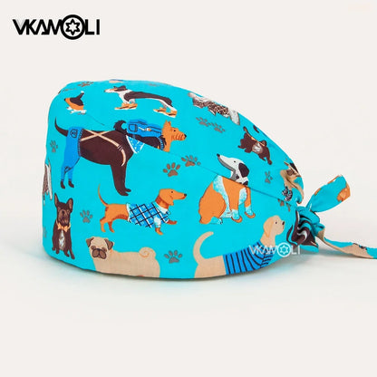 Dog print Scrubs hat Surgery Cap for Medical Professionals High-Quality vet nursing cap with Sweat Towel scrub cap