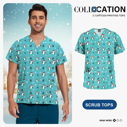 Niaahinn Christmas Print Medical Tops Nurse Accessories Doctor Surgical Blouse Cartoon Pattern Short Sleeve Scrub Work Shirt Men