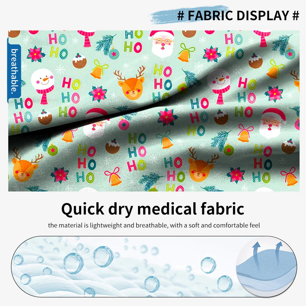 Niaahinn Christmas Print Medical Tops Nurse Accessories Doctor Surgical Blouse Cartoon Pattern Short Sleeve Scrub Work Shirt Men