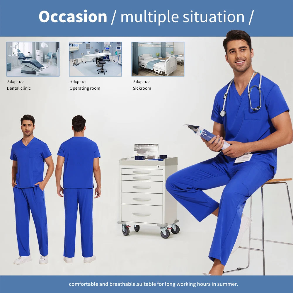 Scrubs Uniform Men Workwear Lab Work Clothes Uniforms Health Service Nursing Uniforms Short Sleeve V-neck Scrubs Tops+Pants Suit