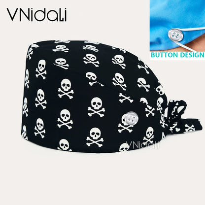 High Quality Cartoon Printing Surgical Cap 100% Cotton Nurse Doctor Nursing Cap with button scrub hats Operatin groom scrub cap