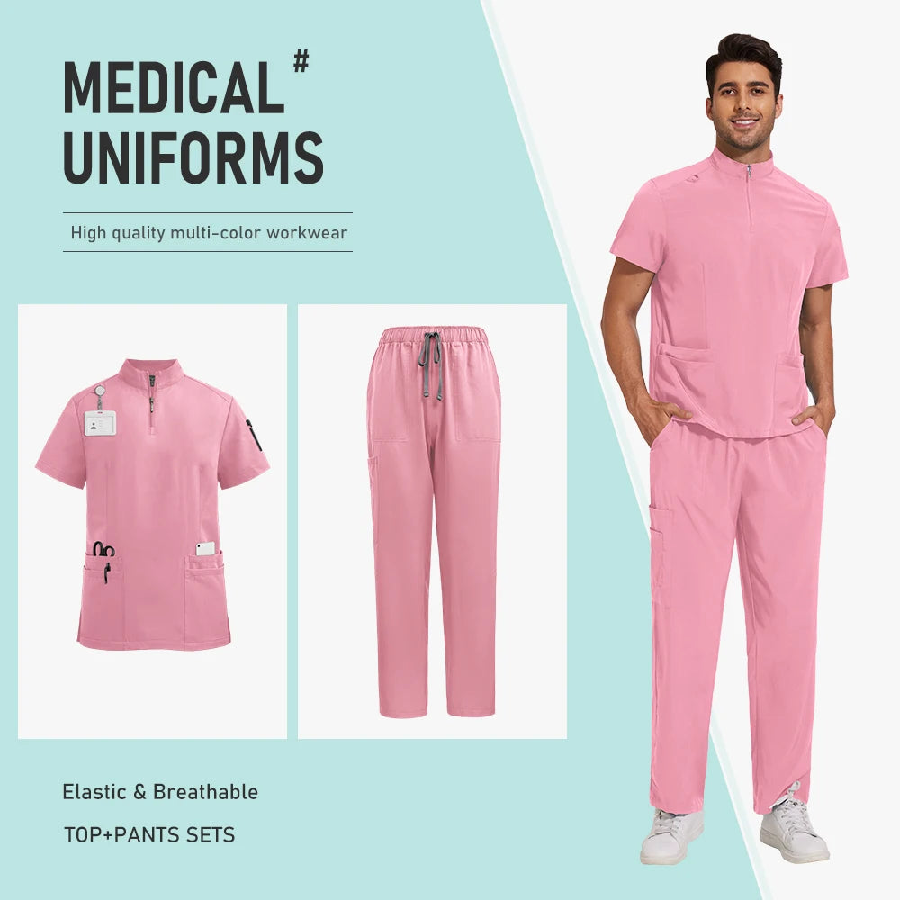 Nursing Uniform Hospital Scrubs Uniforms Sets Men Women Nurses Scrub Hospital Accessories Zipper Collar Short Sleeved Tops Pants