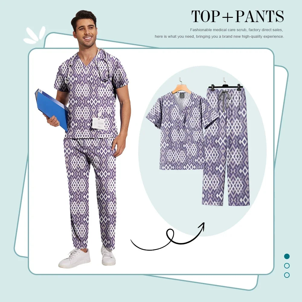 Print Scrub Sets Stretch Comfortable Scrubs Womens V-Neck Mens Scrub Uniforms Hospital Printing Nurse Doctor Medical Scrubs Sets