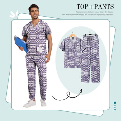 Print Scrub Sets Stretch Comfortable Scrubs Womens V-Neck Mens Scrub Uniforms Hospital Printing Nurse Doctor Medical Scrubs Sets