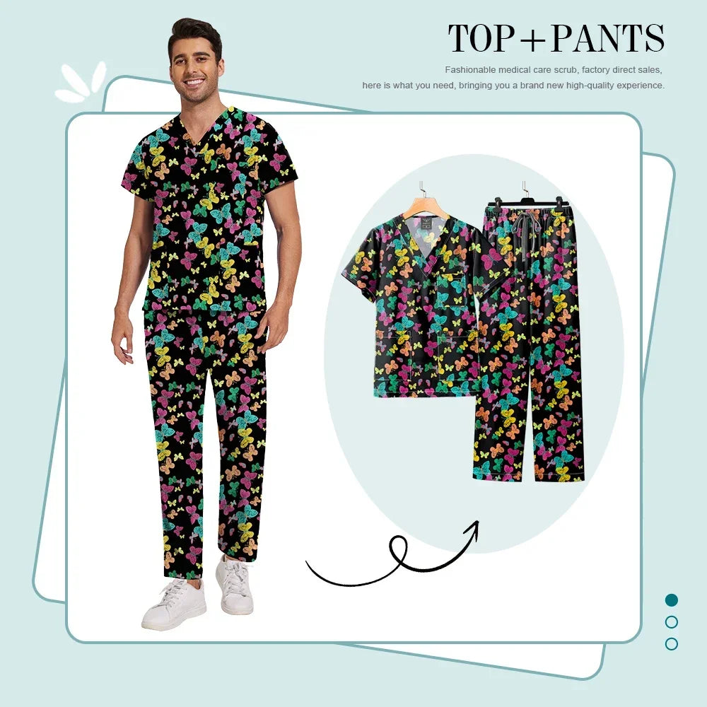 Print Scrub Sets Stretch Comfortable Scrubs Womens V-Neck Mens Scrub Uniforms Hospital Printing Nurse Doctor Medical Scrubs Sets