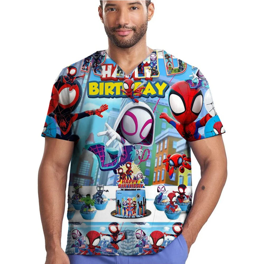 Medical Scrubs Women Nursing Accessories Marvel Spider Man Print Shirt Doctor Workwear Men Healthcare Pharmacy Jacket Tops Soft