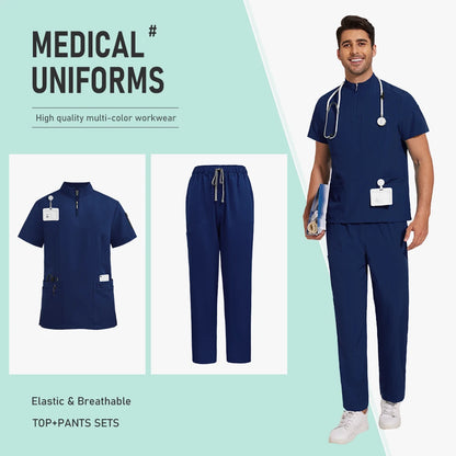 Nursing Uniform Hospital Scrubs Uniforms Sets Men Women Nurses Scrub Hospital Accessories Zipper Collar Short Sleeved Tops Pants