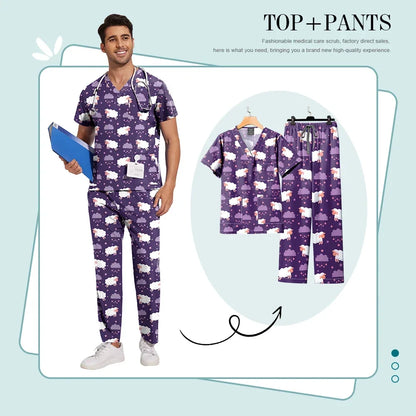 Print Scrub Sets Stretch Comfortable Scrubs Womens V-Neck Mens Scrub Uniforms Hospital Printing Nurse Doctor Medical Scrubs Sets