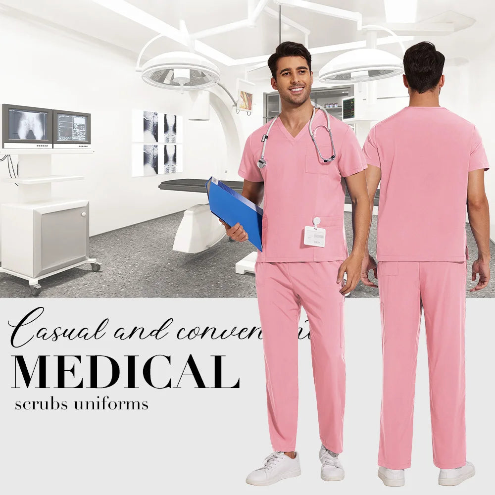 Scrubs Uniform Men Workwear Lab Work Clothes Uniforms Health Service Nursing Uniforms Short Sleeve V-neck Scrubs Tops+Pants Suit