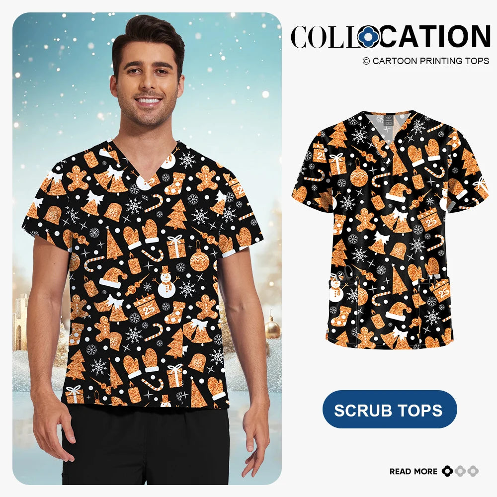Niaahinn Christmas Print Medical Tops Nurse Accessories Doctor Surgical Blouse Cartoon Pattern Short Sleeve Scrub Work Shirt Men