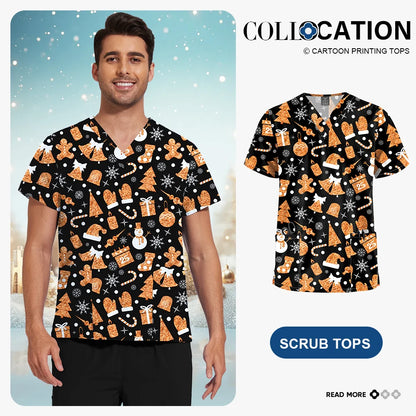 Niaahinn Christmas Print Medical Tops Nurse Accessories Doctor Surgical Blouse Cartoon Pattern Short Sleeve Scrub Work Shirt Men