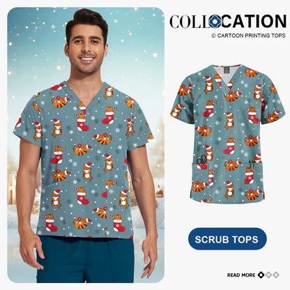 Niaahinn Christmas Print Medical Tops Nurse Accessories Doctor Surgical Blouse Cartoon Pattern Short Sleeve Scrub Work Shirt Men