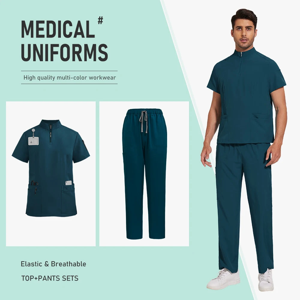 Nursing Uniform Hospital Scrubs Uniforms Sets Men Women Nurses Scrub Hospital Accessories Zipper Collar Short Sleeved Tops Pants