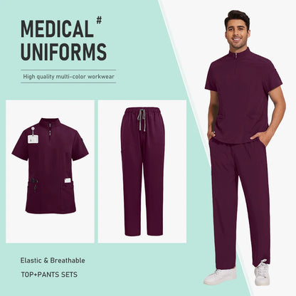 Nursing Uniform Hospital Scrubs Uniforms Sets Men Women Nurses Scrub Hospital Accessories Zipper Collar Short Sleeved Tops Pants