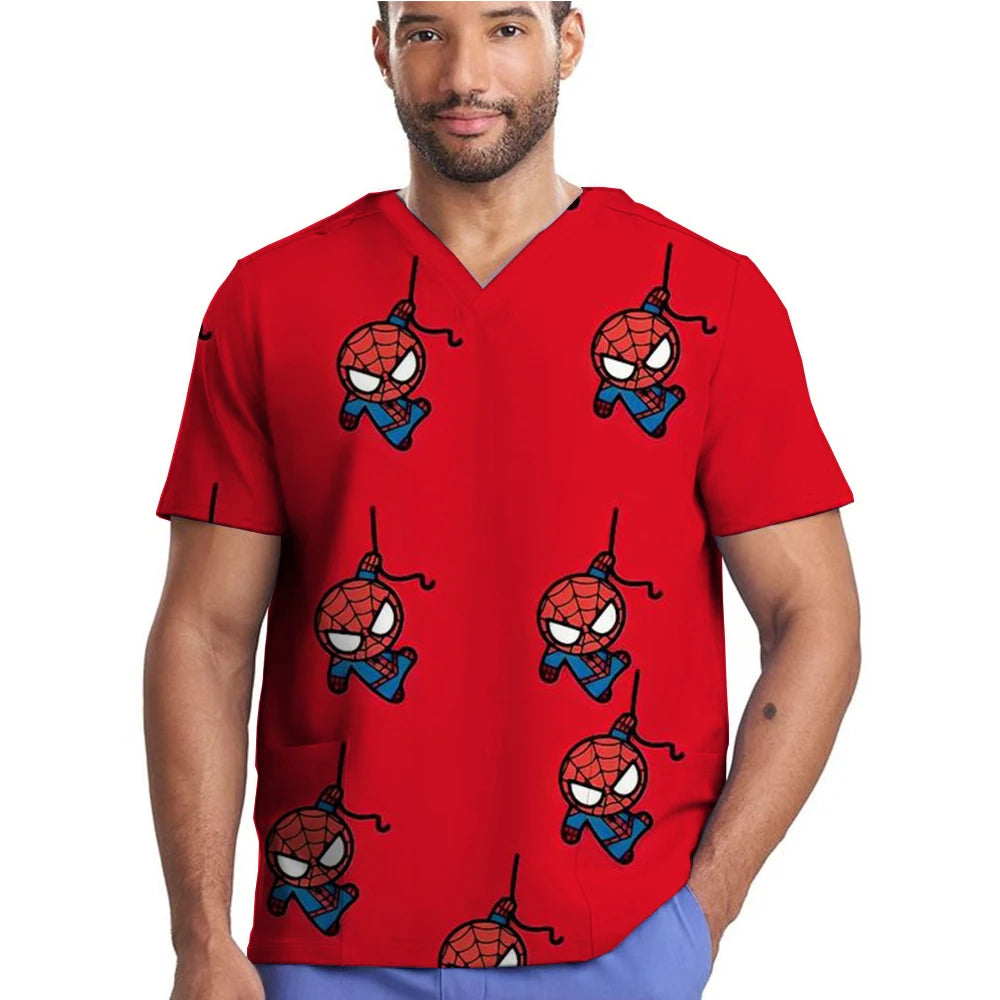 Medical Scrubs Women Nursing Accessories Marvel Spider Man Print Shirt Doctor Workwear Men Healthcare Pharmacy Jacket Tops Soft