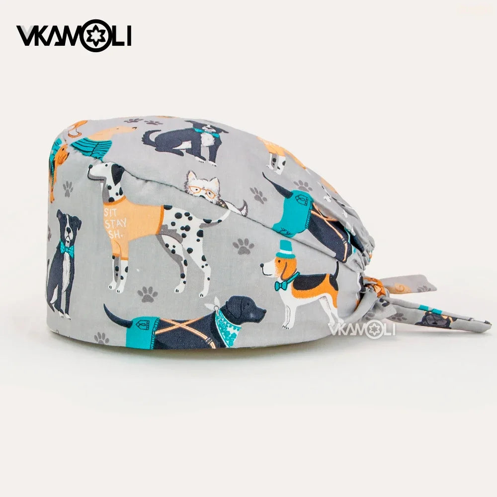Dog print Scrubs hat Surgery Cap for Medical Professionals High-Quality vet nursing cap with Sweat Towel scrub cap