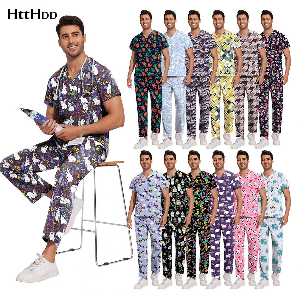 Print Scrub Sets Stretch Comfortable Scrubs Womens V-Neck Mens Scrub Uniforms Hospital Printing Nurse Doctor Medical Scrubs Sets