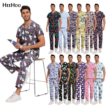 Print Scrub Sets Stretch Comfortable Scrubs Womens V-Neck Mens Scrub Uniforms Hospital Printing Nurse Doctor Medical Scrubs Sets