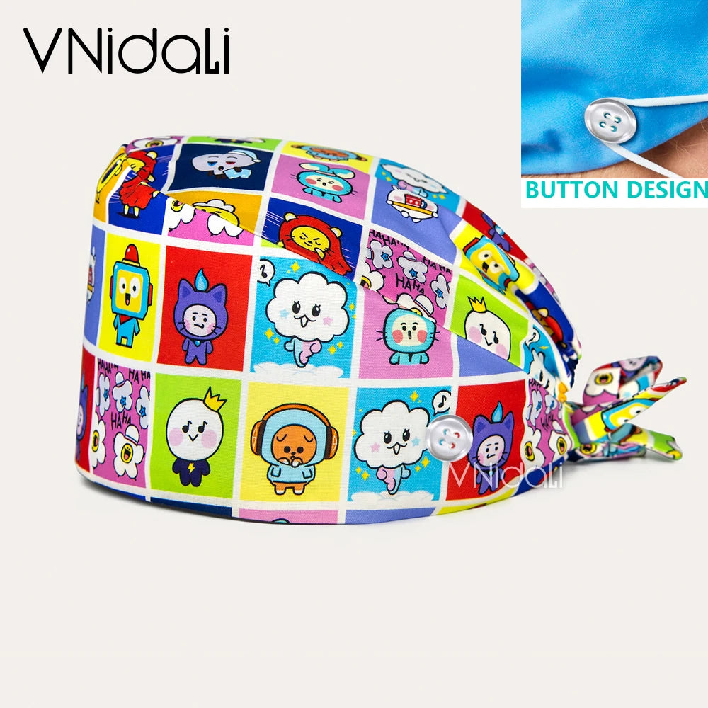 High Quality Cartoon Printing Surgical Cap 100% Cotton Nurse Doctor Nursing Cap with button scrub hats Operatin groom scrub cap
