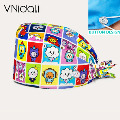 High Quality Cartoon Printing Surgical Cap 100% Cotton Nurse Doctor Nursing Cap with button scrub hats Operatin groom scrub cap