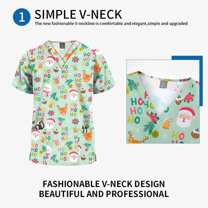 Niaahinn Christmas Print Medical Tops Nurse Accessories Doctor Surgical Blouse Cartoon Pattern Short Sleeve Scrub Work Shirt Men