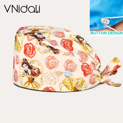 High Quality Cartoon Printing Surgical Cap 100% Cotton Nurse Doctor Nursing Cap with button scrub hats Operatin groom scrub cap