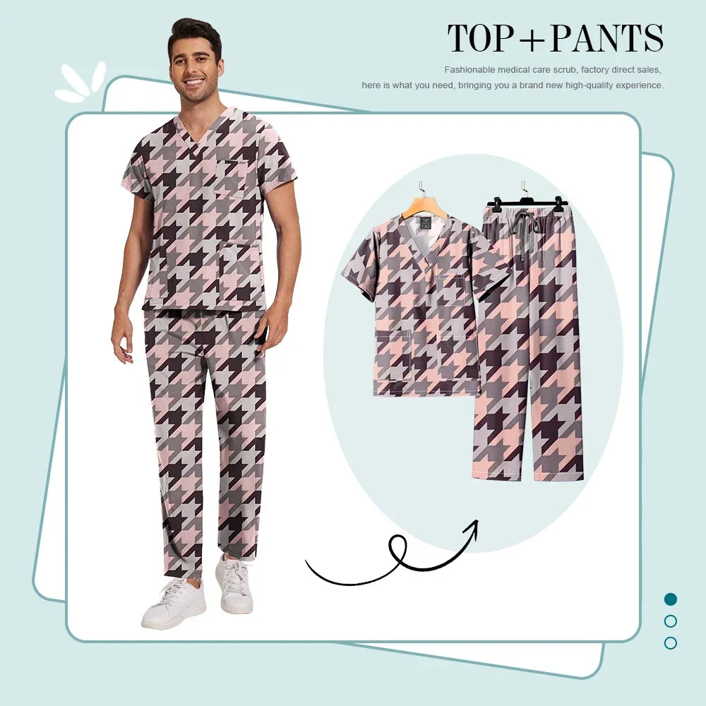 Print Scrub Sets Stretch Comfortable Scrubs Womens V-Neck Mens Scrub Uniforms Hospital Printing Nurse Doctor Medical Scrubs Sets