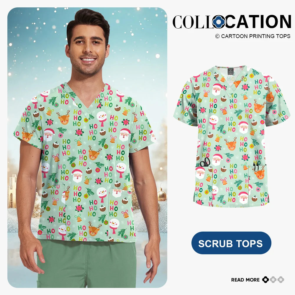 Niaahinn Christmas Print Medical Tops Nurse Accessories Doctor Surgical Blouse Cartoon Pattern Short Sleeve Scrub Work Shirt Men
