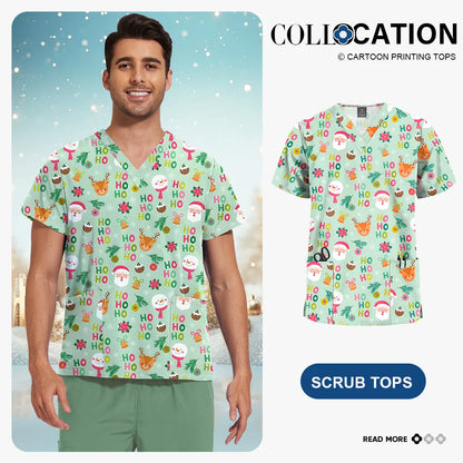 Niaahinn Christmas Print Medical Tops Nurse Accessories Doctor Surgical Blouse Cartoon Pattern Short Sleeve Scrub Work Shirt Men