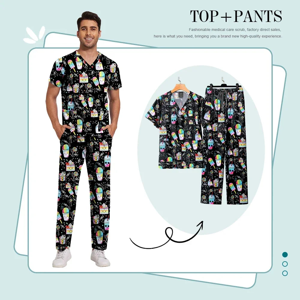 Print Scrub Sets Stretch Comfortable Scrubs Womens V-Neck Mens Scrub Uniforms Hospital Printing Nurse Doctor Medical Scrubs Sets