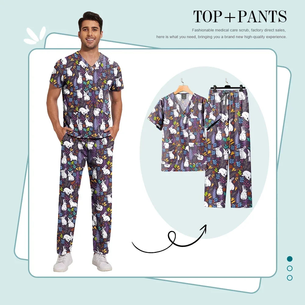 Print Scrub Sets Stretch Comfortable Scrubs Womens V-Neck Mens Scrub Uniforms Hospital Printing Nurse Doctor Medical Scrubs Sets