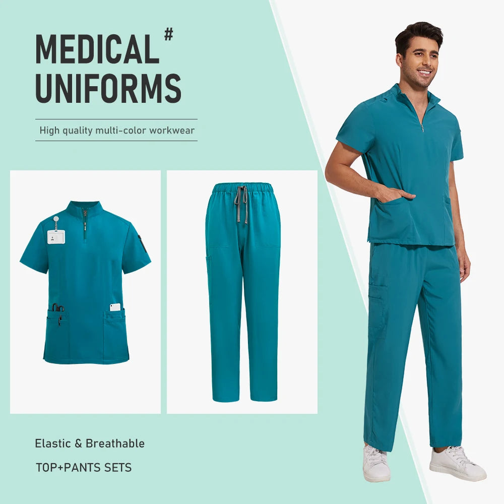 Nursing Uniform Hospital Scrubs Uniforms Sets Men Women Nurses Scrub Hospital Accessories Zipper Collar Short Sleeved Tops Pants