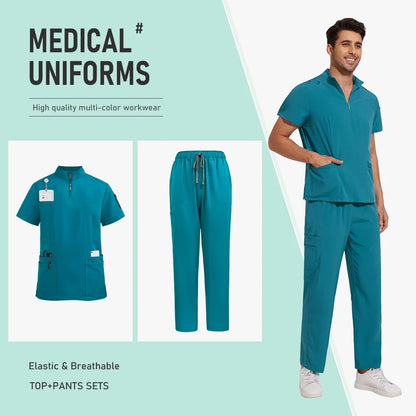 Nursing Uniform Hospital Scrubs Uniforms Sets Men Women Nurses Scrub Hospital Accessories Zipper Collar Short Sleeved Tops Pants