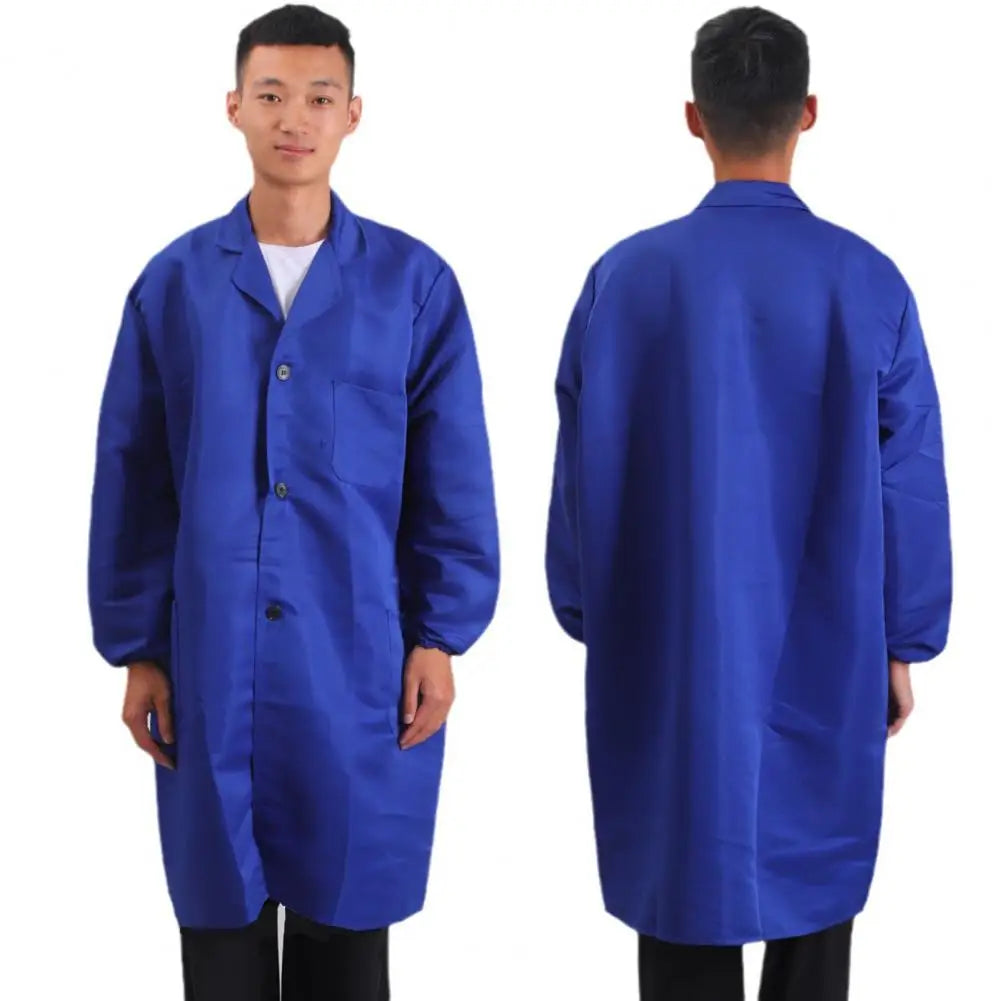 Work Coat Long Sleeved Lab Labor Dust Proof Work Clothing Single Breasted Mid length Washable Work Jacket Men Uniform