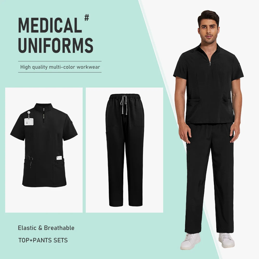 Nursing Uniform Hospital Scrubs Uniforms Sets Men Women Nurses Scrub Hospital Accessories Zipper Collar Short Sleeved Tops Pants