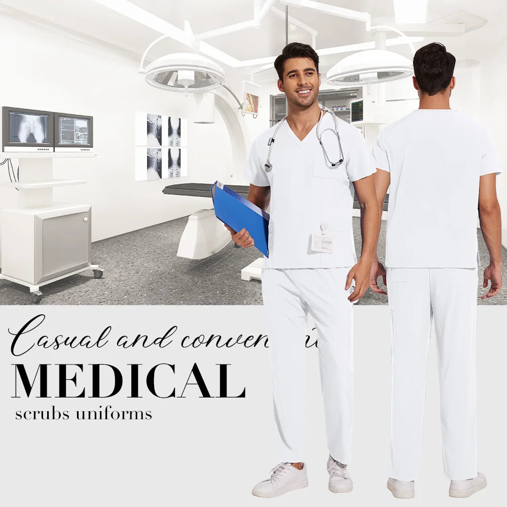 Scrubs Uniform Men Workwear Lab Work Clothes Uniforms Health Service Nursing Uniforms Short Sleeve V-neck Scrubs Tops+Pants Suit