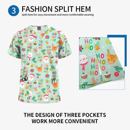 Niaahinn Christmas Print Medical Tops Nurse Accessories Doctor Surgical Blouse Cartoon Pattern Short Sleeve Scrub Work Shirt Men