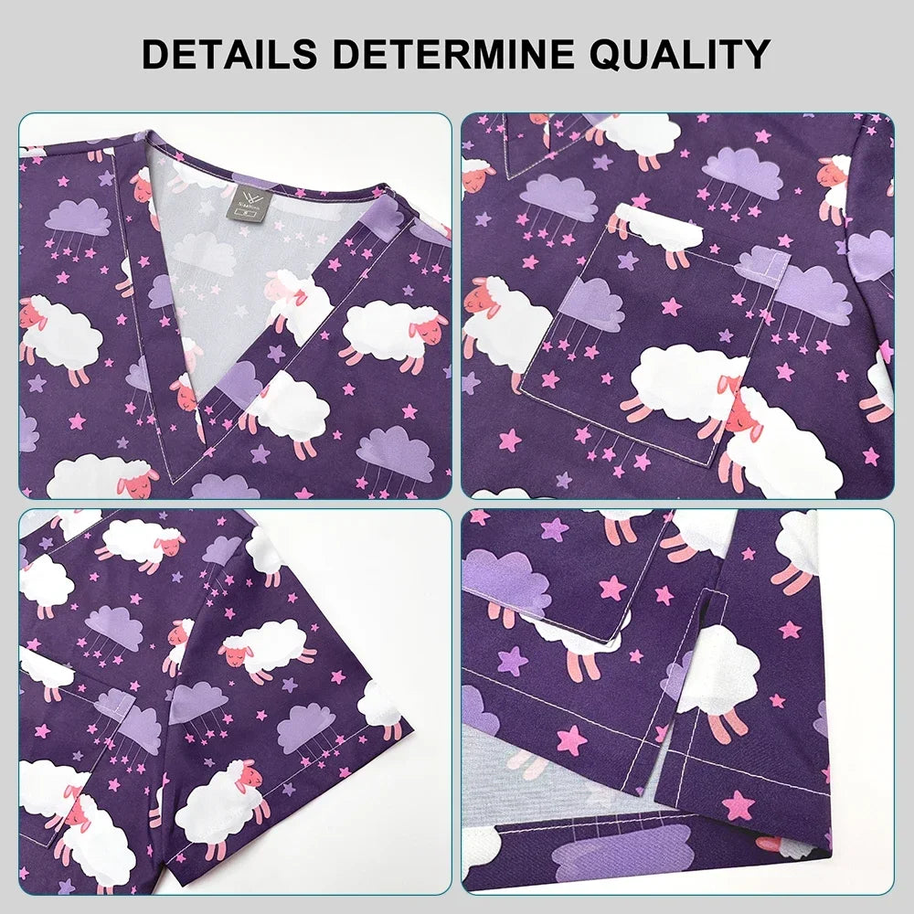Print Scrub Sets Stretch Comfortable Scrubs Womens V-Neck Mens Scrub Uniforms Hospital Printing Nurse Doctor Medical Scrubs Sets