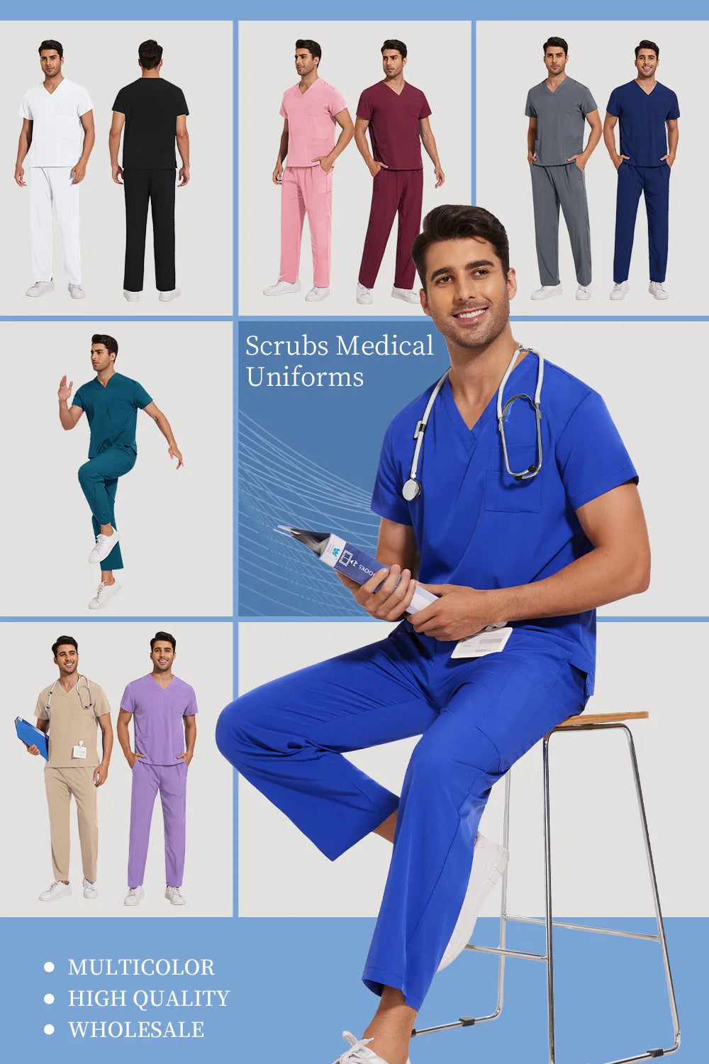 Scrubs Uniform Men Workwear Lab Work Clothes Uniforms Health Service Nursing Uniforms Short Sleeve V-neck Scrubs Tops+Pants Suit