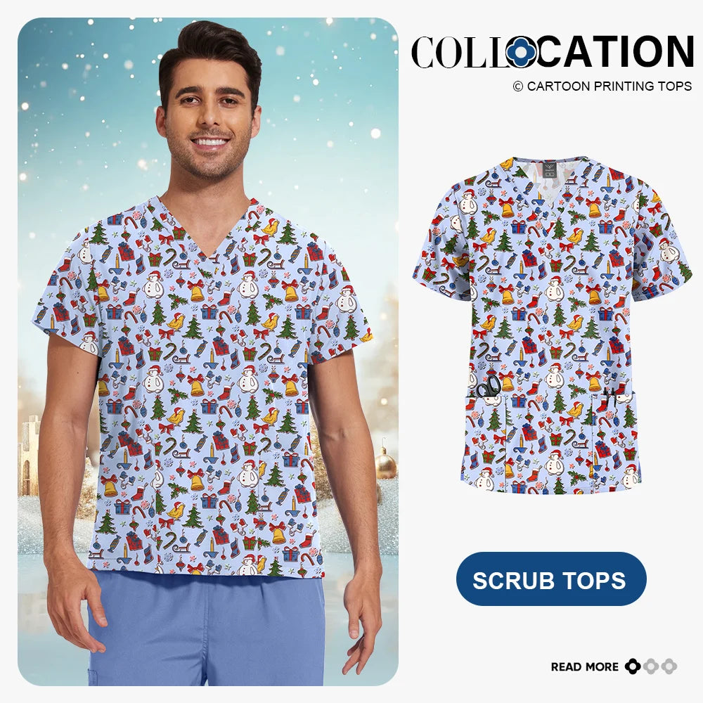 Niaahinn Christmas Print Medical Tops Nurse Accessories Doctor Surgical Blouse Cartoon Pattern Short Sleeve Scrub Work Shirt Men