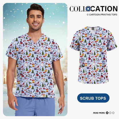 Niaahinn Christmas Print Medical Tops Nurse Accessories Doctor Surgical Blouse Cartoon Pattern Short Sleeve Scrub Work Shirt Men