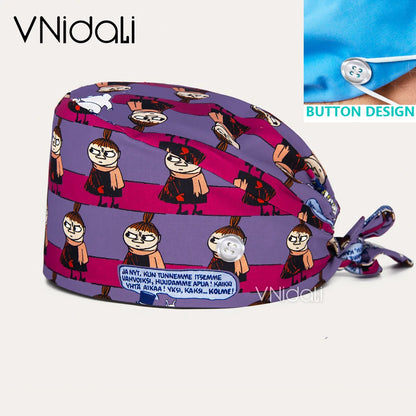 High Quality Cartoon Printing Surgical Cap 100% Cotton Nurse Doctor Nursing Cap with button scrub hats Operatin groom scrub cap