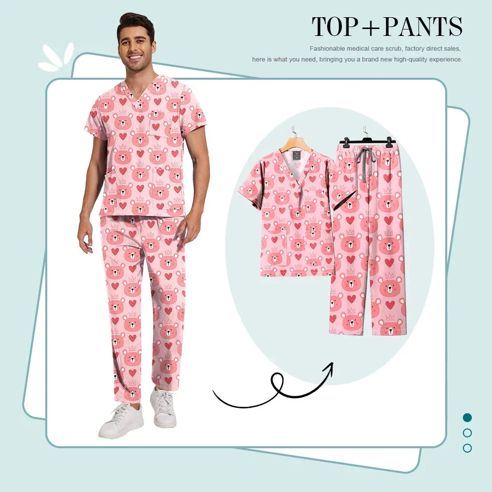 Print Scrub Sets Stretch Comfortable Scrubs Womens V-Neck Mens Scrub Uniforms Hospital Printing Nurse Doctor Medical Scrubs Sets