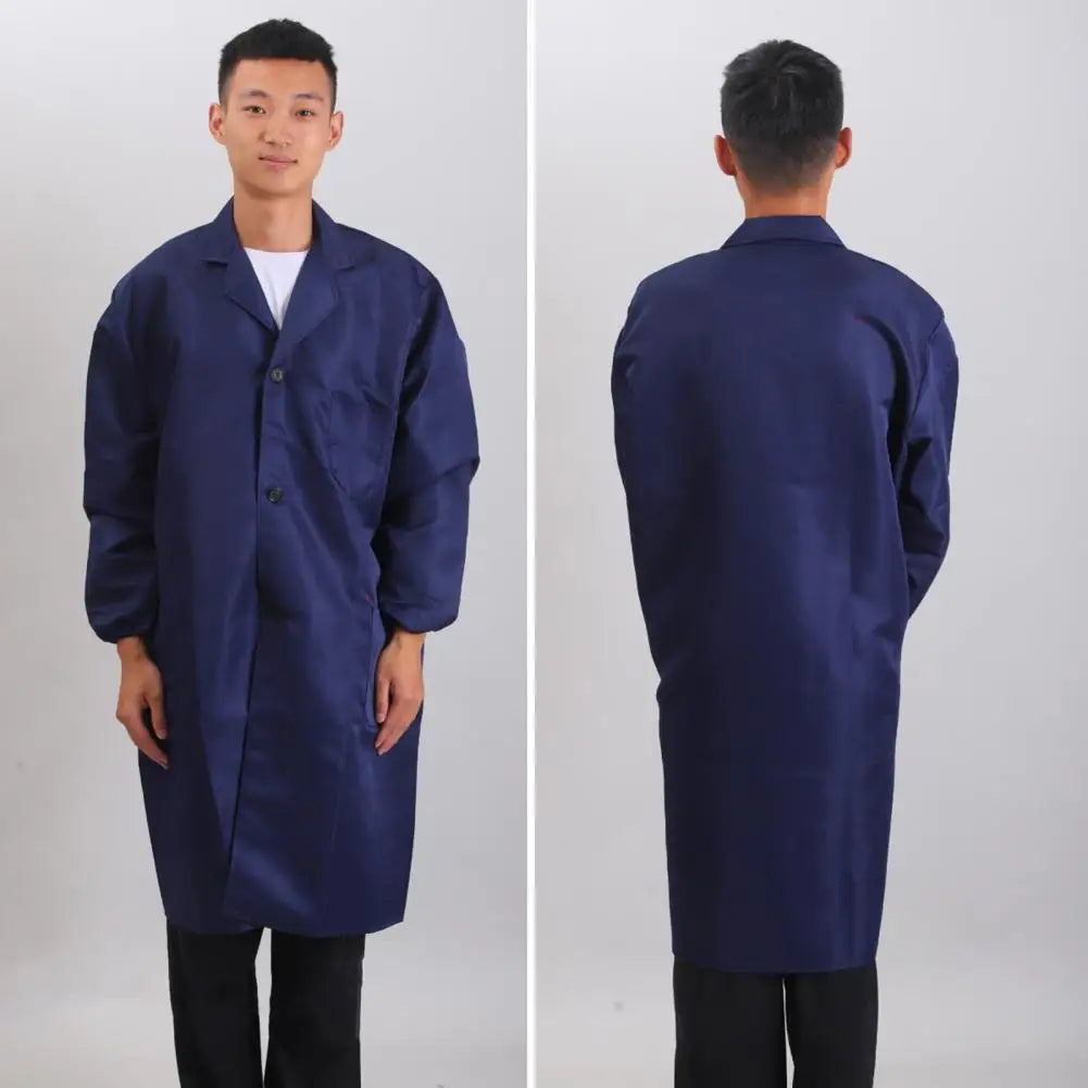Work Coat Long Sleeved Lab Labor Dust Proof Work Clothing Single Breasted Mid length Washable Work Jacket Men Uniform