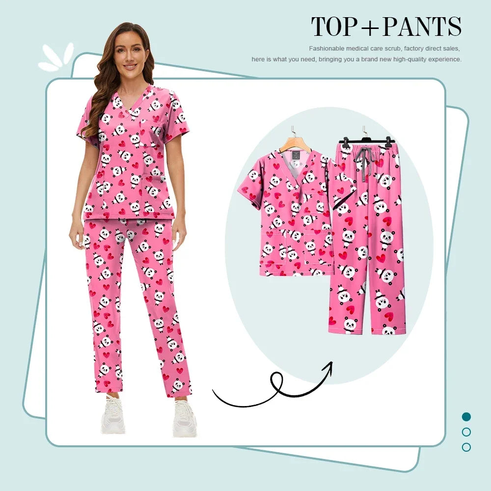 Print Scrub Sets Stretch Comfortable Scrubs Womens V-Neck Mens Scrub Uniforms Hospital Printing Nurse Doctor Medical Scrubs Sets