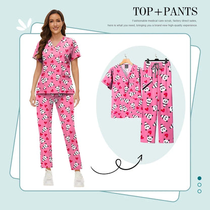 Print Scrub Sets Stretch Comfortable Scrubs Womens V-Neck Mens Scrub Uniforms Hospital Printing Nurse Doctor Medical Scrubs Sets