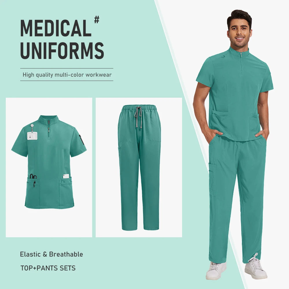 Nursing Uniform Hospital Scrubs Uniforms Sets Men Women Nurses Scrub Hospital Accessories Zipper Collar Short Sleeved Tops Pants